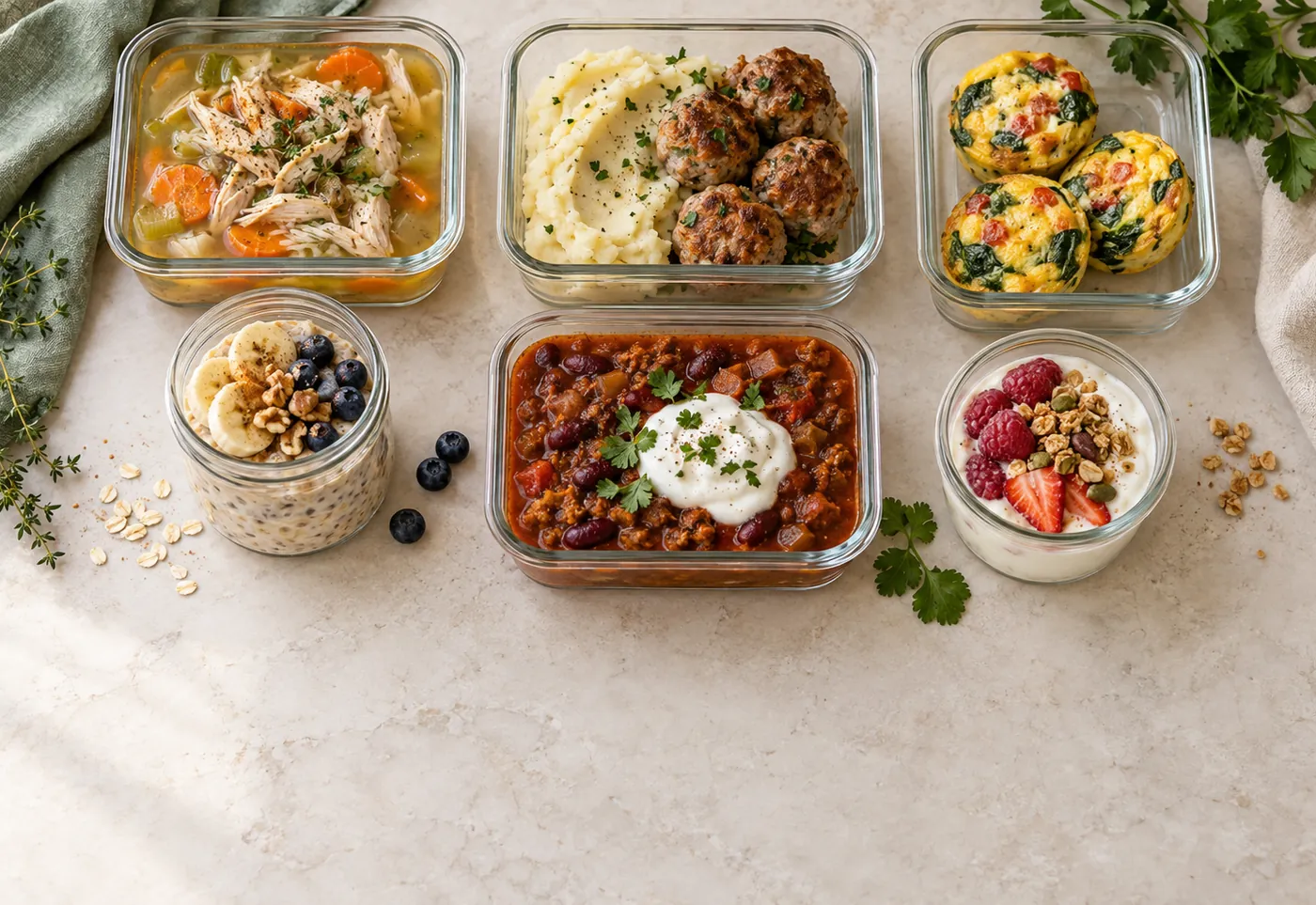 Small portions of soup, meatballs, egg bites and oats in glass meal-prep containers