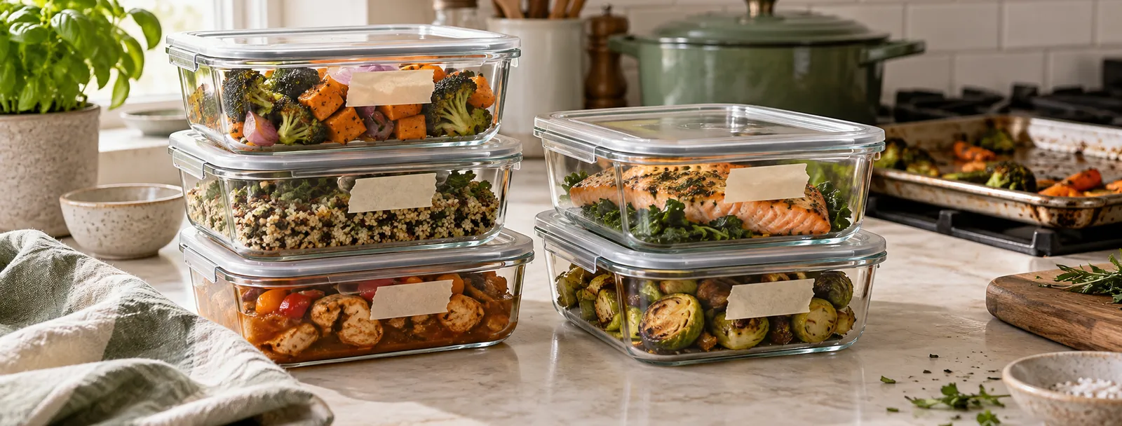 Labeled glass containers after a meal-prep session